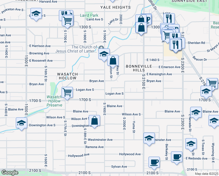 map of restaurants, bars, coffee shops, grocery stores, and more near 1928 Bryan Avenue South in Salt Lake City