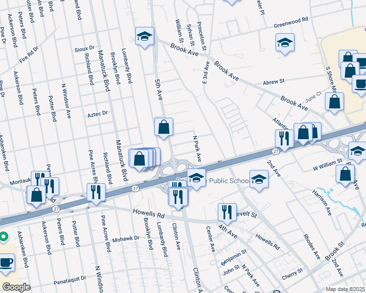 map of restaurants, bars, coffee shops, grocery stores, and more near 24 Dowsing Avenue in Bay Shore