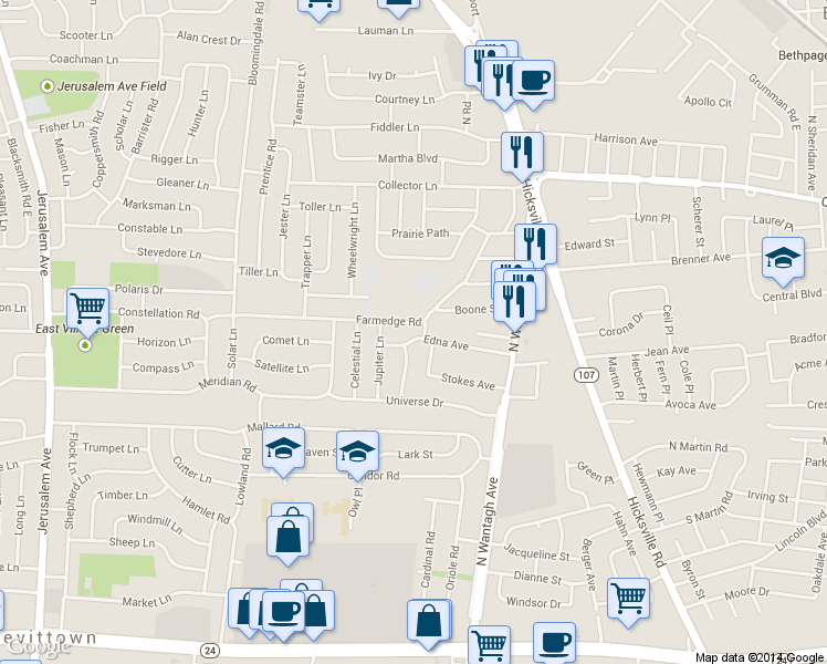 map of restaurants, bars, coffee shops, grocery stores, and more near 74 Farmedge Road in Bethpage