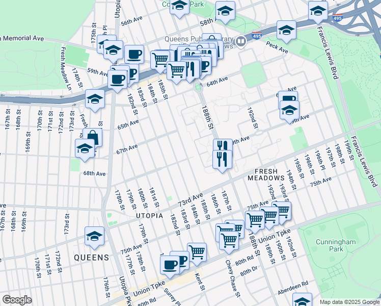 map of restaurants, bars, coffee shops, grocery stores, and more near 67-36A 186th Lane in Queens