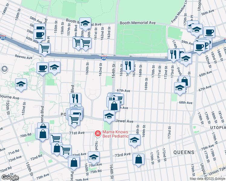 map of restaurants, bars, coffee shops, grocery stores, and more near 65-41 164th Street in Queens