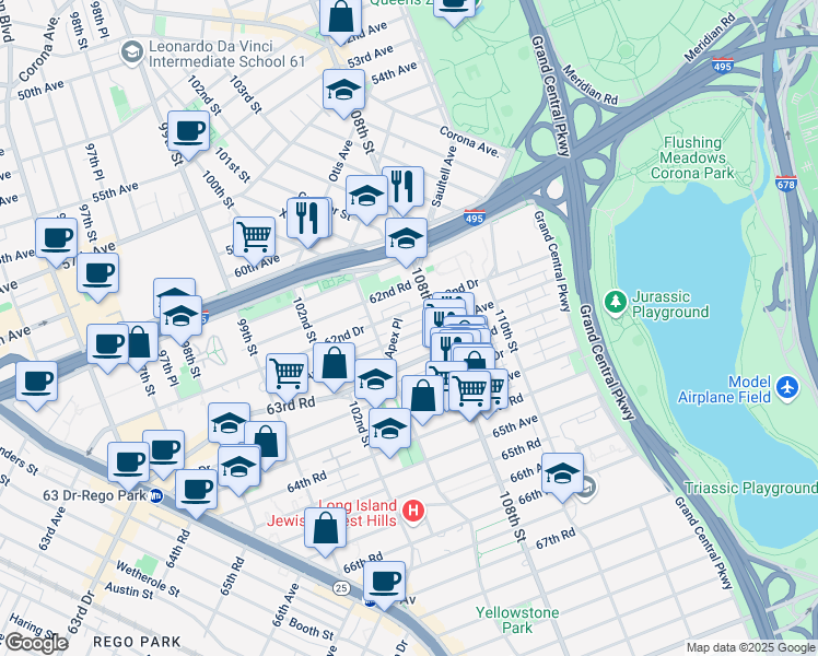 map of restaurants, bars, coffee shops, grocery stores, and more near 105-25 62nd Drive in Queens