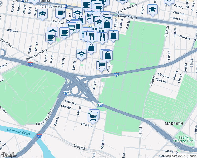 map of restaurants, bars, coffee shops, grocery stores, and more near 50-53 48th Street in Queens