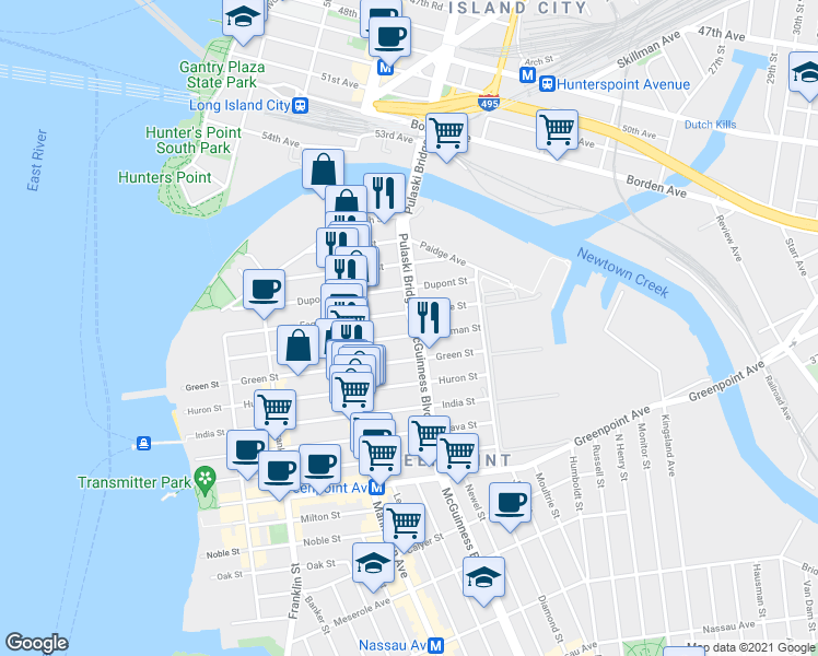 map of restaurants, bars, coffee shops, grocery stores, and more near 187 Eagle Street in Brooklyn