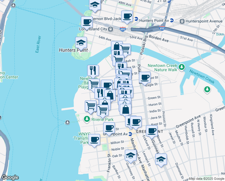 map of restaurants, bars, coffee shops, grocery stores, and more near 66 Dupont Street in Brooklyn