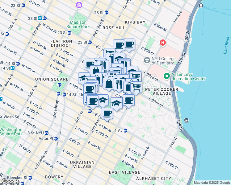 map of restaurants, bars, coffee shops, grocery stores, and more near 345 2nd Avenue in New York