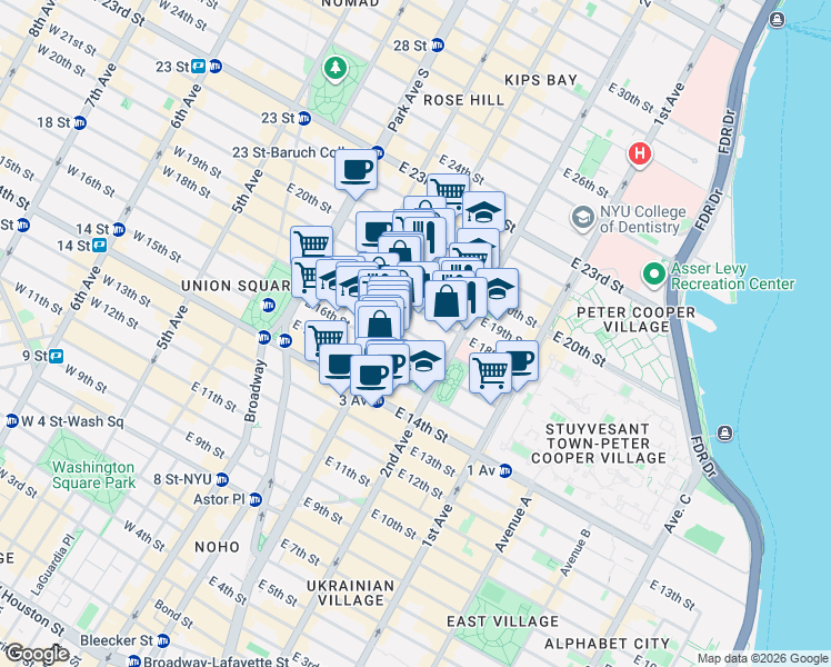 map of restaurants, bars, coffee shops, grocery stores, and more near 211 East 18th Street in New York