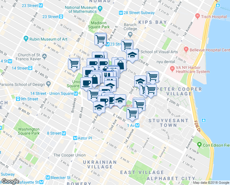 map of restaurants, bars, coffee shops, grocery stores, and more near 192 3rd Avenue in New York