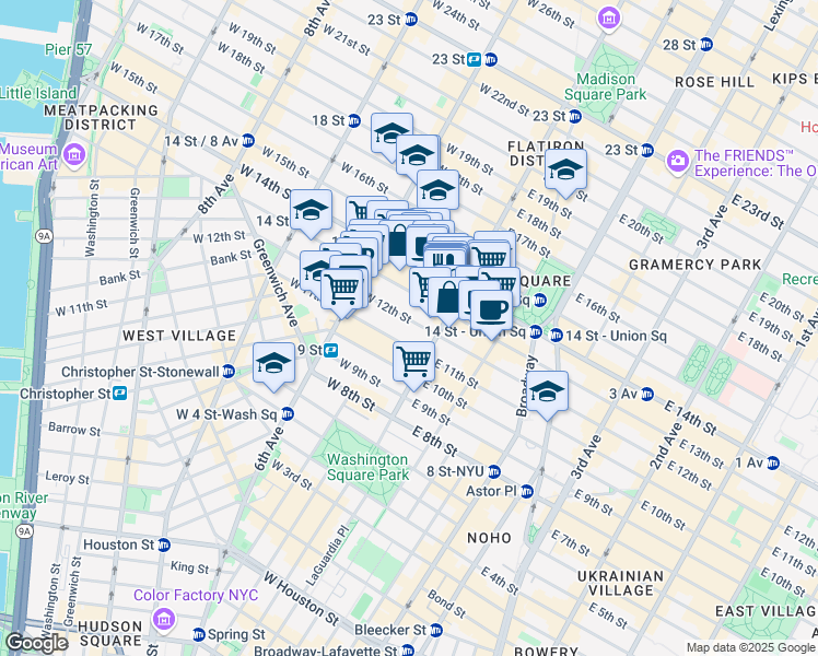 map of restaurants, bars, coffee shops, grocery stores, and more near 10 West 13th Street in New York