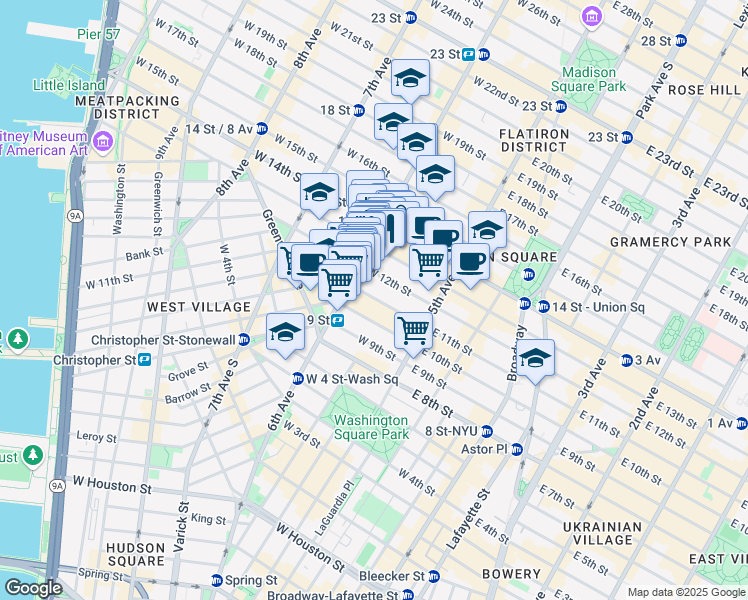 map of restaurants, bars, coffee shops, grocery stores, and more near 54 West 12th Street in New York