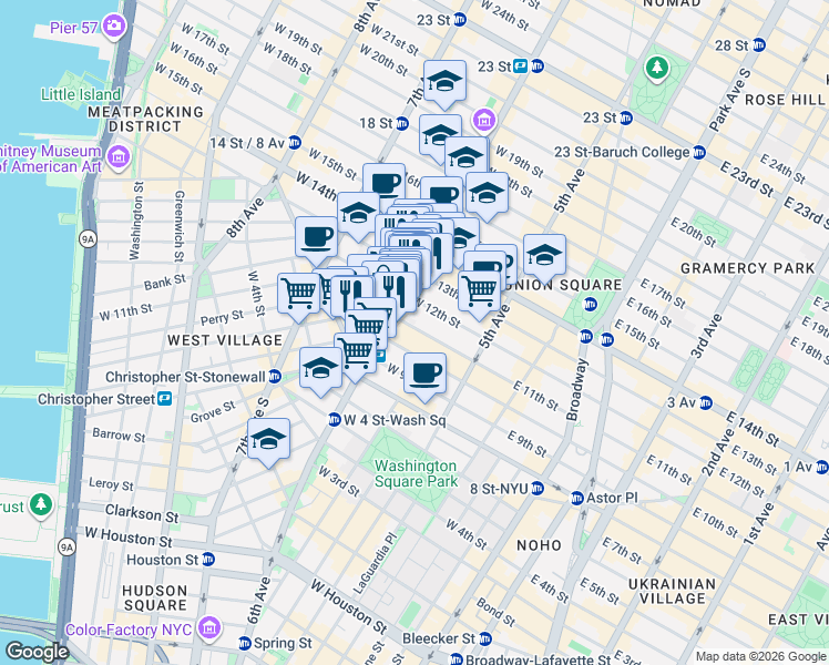map of restaurants, bars, coffee shops, grocery stores, and more near 485 6th Avenue in New York