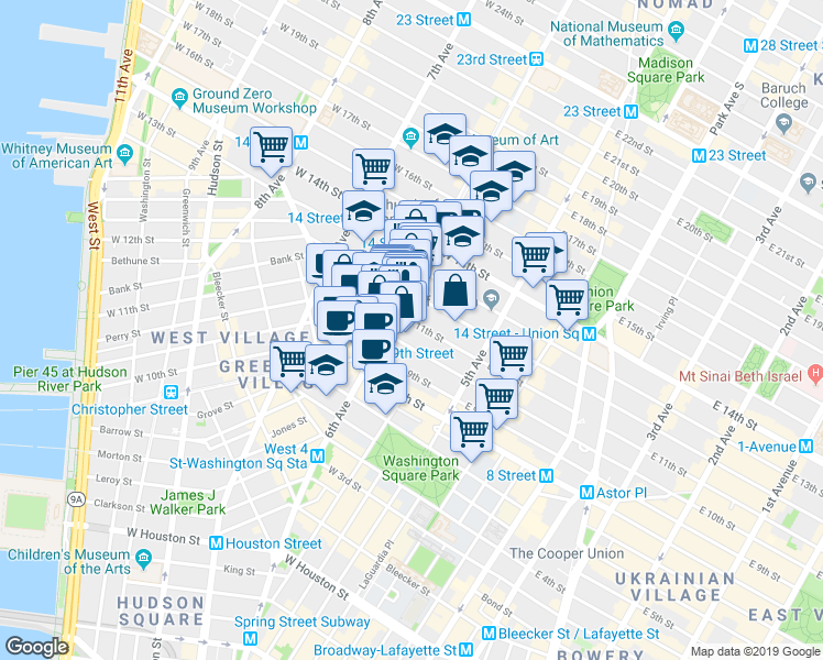 map of restaurants, bars, coffee shops, grocery stores, and more near 485 6th Avenue in New York