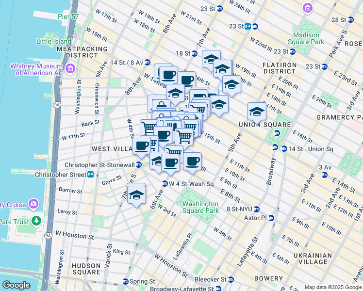 map of restaurants, bars, coffee shops, grocery stores, and more near 126 West 11th Street in New York