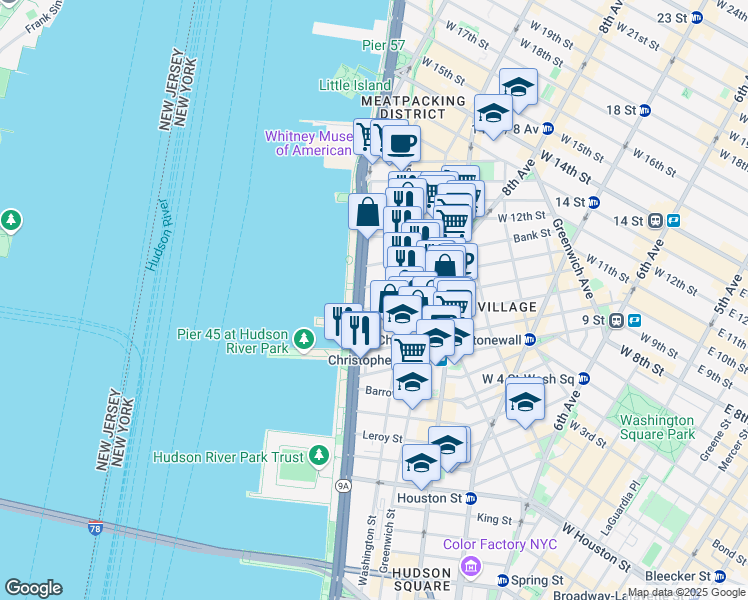 map of restaurants, bars, coffee shops, grocery stores, and more near 377 West 11th Street in New York