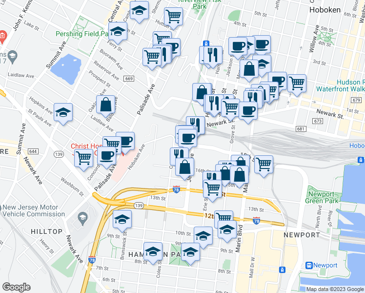 map of restaurants, bars, coffee shops, grocery stores, and more near 853 Jersey Avenue in Jersey City
