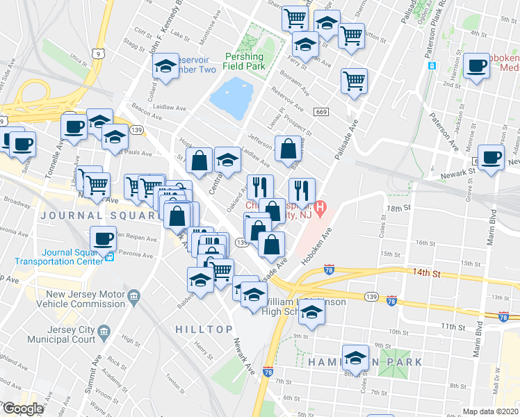 map of restaurants, bars, coffee shops, grocery stores, and more near 63 Hopkins Avenue in Jersey City