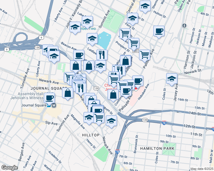 map of restaurants, bars, coffee shops, grocery stores, and more near 87 Oakland Avenue in Jersey City