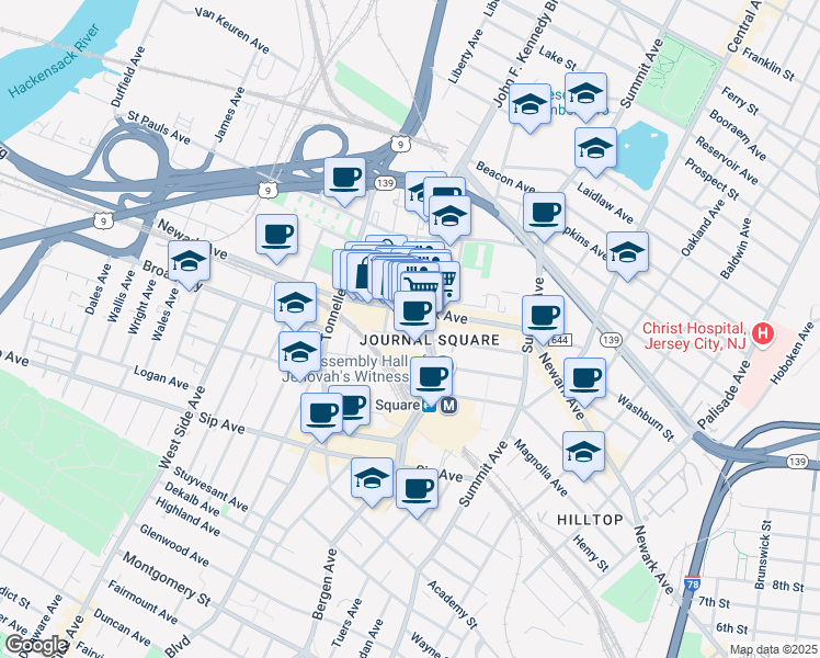 map of restaurants, bars, coffee shops, grocery stores, and more near 786 Newark Avenue in Jersey City