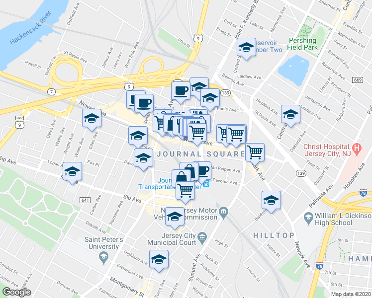 map of restaurants, bars, coffee shops, grocery stores, and more near 786 Newark Avenue in Jersey City