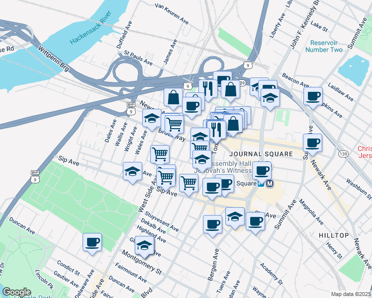 map of restaurants, bars, coffee shops, grocery stores, and more near in Jersey City