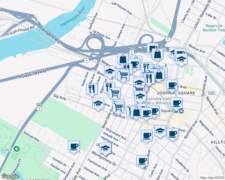 map of restaurants, bars, coffee shops, grocery stores, and more near 16 Marion Place in Jersey City