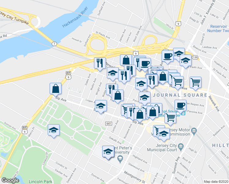 map of restaurants, bars, coffee shops, grocery stores, and more near 72 Wales Avenue in Jersey City