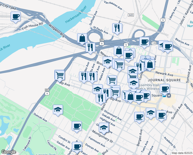 map of restaurants, bars, coffee shops, grocery stores, and more near 49 Wright Avenue in Jersey City