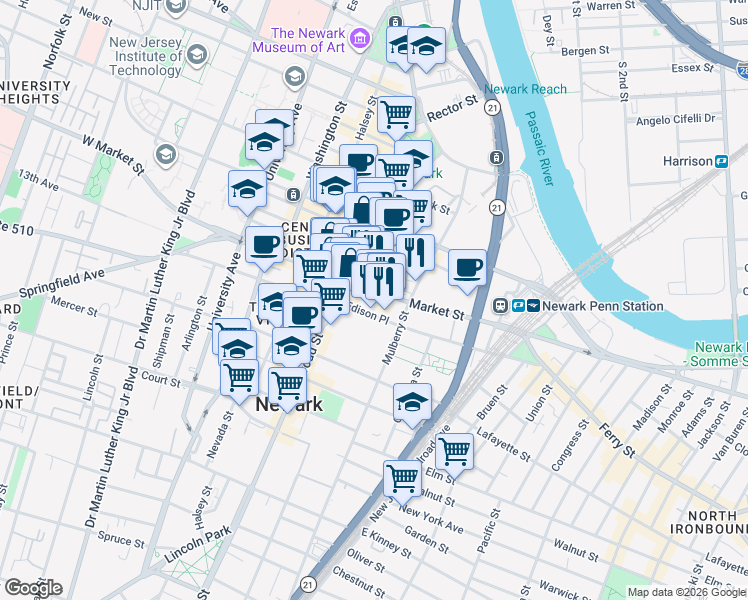 map of restaurants, bars, coffee shops, grocery stores, and more near 111 Mulberry Street in Newark