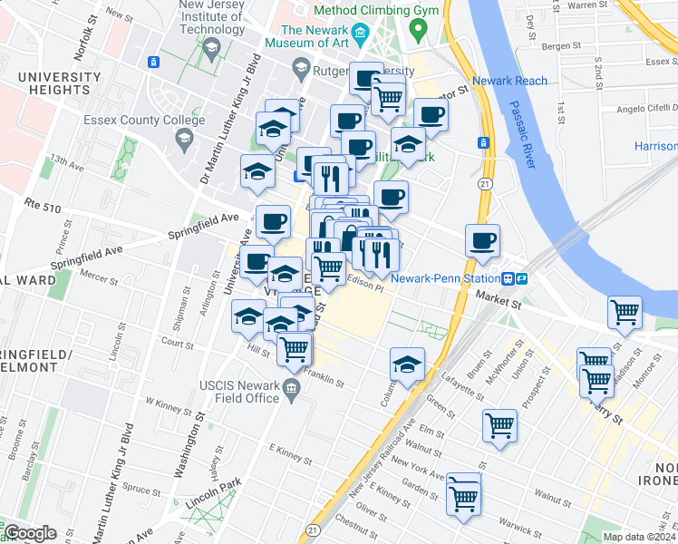 map of restaurants, bars, coffee shops, grocery stores, and more near in Newark
