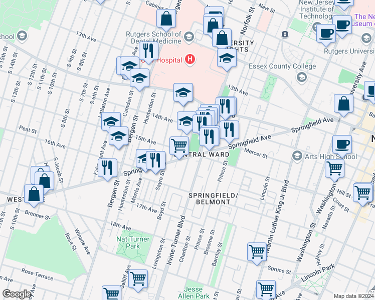 map of restaurants, bars, coffee shops, grocery stores, and more near 36 Bedford Street in Newark