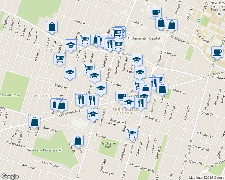 map of restaurants, bars, coffee shops, grocery stores, and more near 340 15th Avenue in Newark