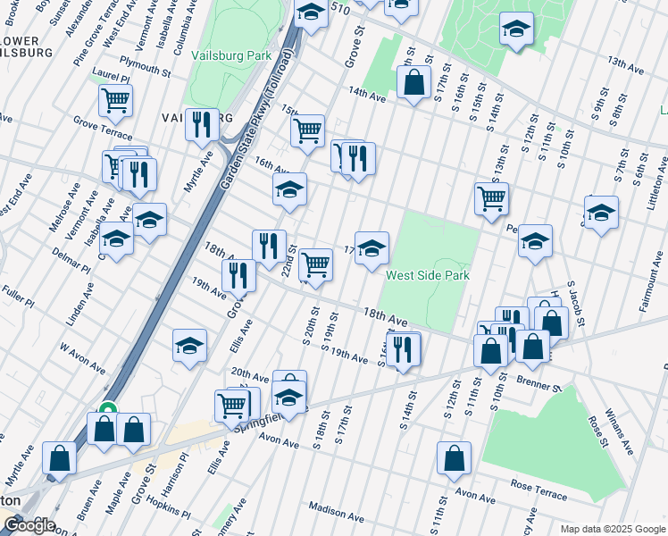 map of restaurants, bars, coffee shops, grocery stores, and more near 617 South 20th Street in Newark