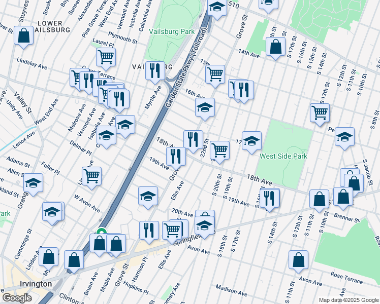 map of restaurants, bars, coffee shops, grocery stores, and more near 648 Grove Street in Irvington