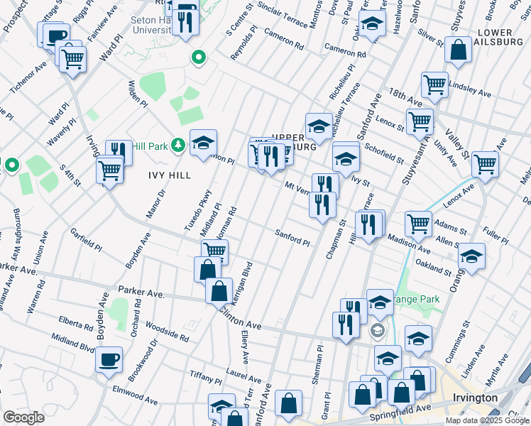 map of restaurants, bars, coffee shops, grocery stores, and more near 311 Kerrigan Boulevard in Newark