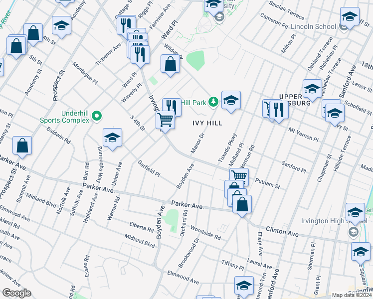 map of restaurants, bars, coffee shops, grocery stores, and more near 85 Manor Drive in Newark