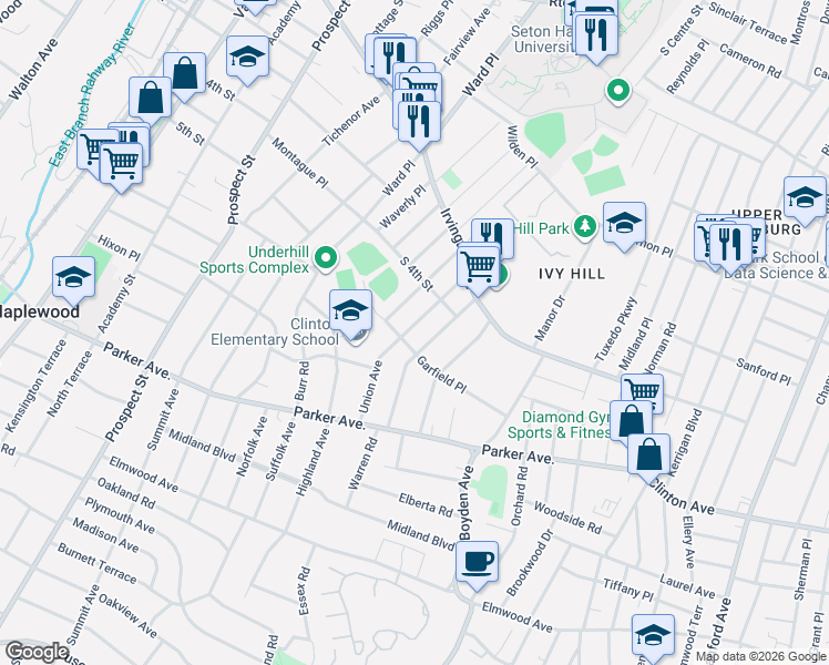 map of restaurants, bars, coffee shops, grocery stores, and more near 43 Union Avenue in Maplewood