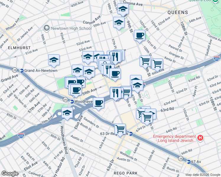 map of restaurants, bars, coffee shops, grocery stores, and more near 59-17 Junction Boulevard in Queens