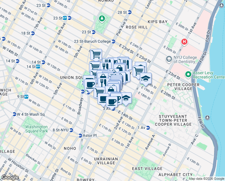 map of restaurants, bars, coffee shops, grocery stores, and more near 145 East 16th Street in New York