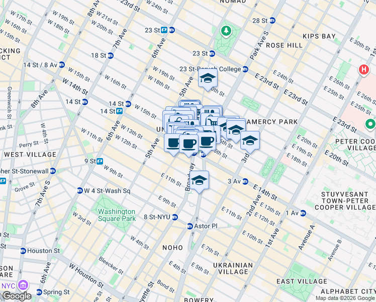 map of restaurants, bars, coffee shops, grocery stores, and more near 44 East 14th Street in New York