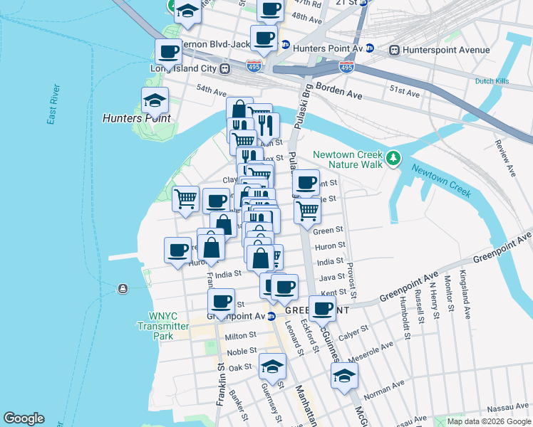 map of restaurants, bars, coffee shops, grocery stores, and more near 1056 Manhattan Avenue in Brooklyn