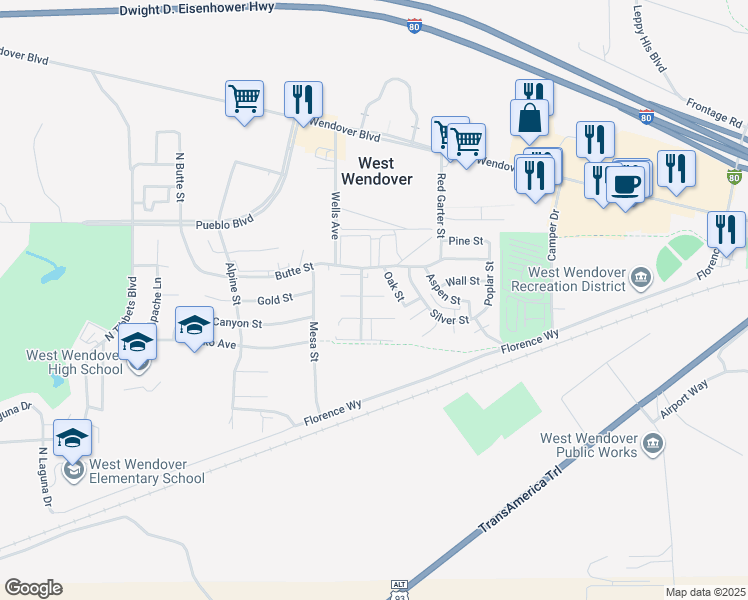 map of restaurants, bars, coffee shops, grocery stores, and more near 730 Buena Vista Street in West Wendover