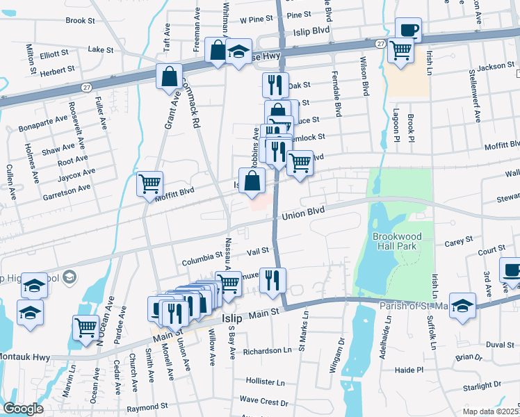 map of restaurants, bars, coffee shops, grocery stores, and more near in Islip
