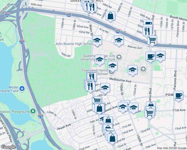map of restaurants, bars, coffee shops, grocery stores, and more near 144-40 Gravett Road in Queens