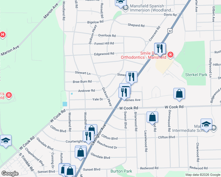 map of restaurants, bars, coffee shops, grocery stores, and more near 880 South Andover Road in Mansfield
