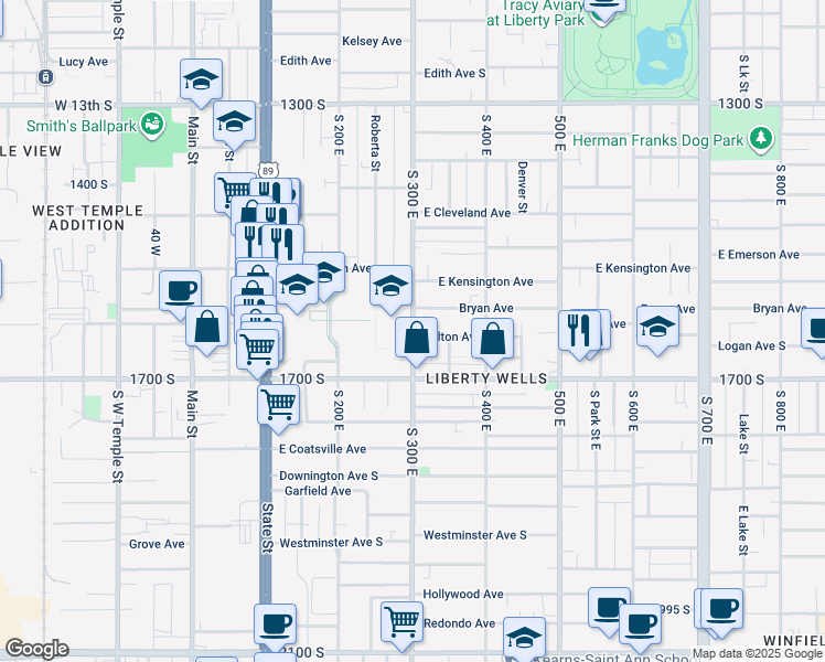 map of restaurants, bars, coffee shops, grocery stores, and more near 1610 300 East in Salt Lake City
