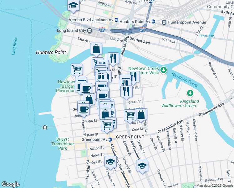 map of restaurants, bars, coffee shops, grocery stores, and more near 205 Freeman Street in Brooklyn