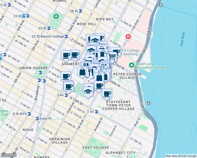 map of restaurants, bars, coffee shops, grocery stores, and more near 347 East 19th Street in New York