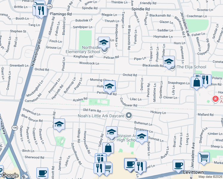 map of restaurants, bars, coffee shops, grocery stores, and more near 18 Violet Lane in Levittown