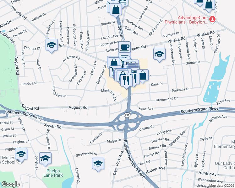 map of restaurants, bars, coffee shops, grocery stores, and more near 1144 Deer Park Avenue in North Babylon