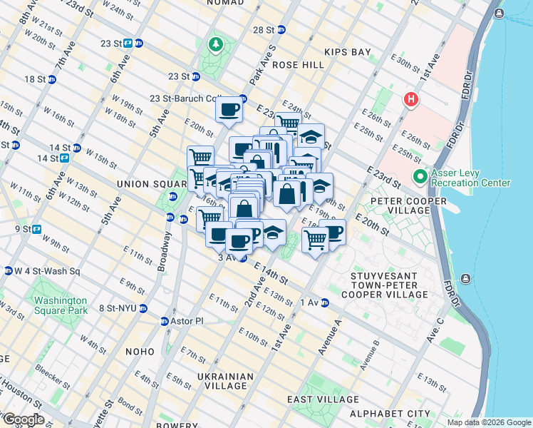 map of restaurants, bars, coffee shops, grocery stores, and more near 211 East 18th Street in New York